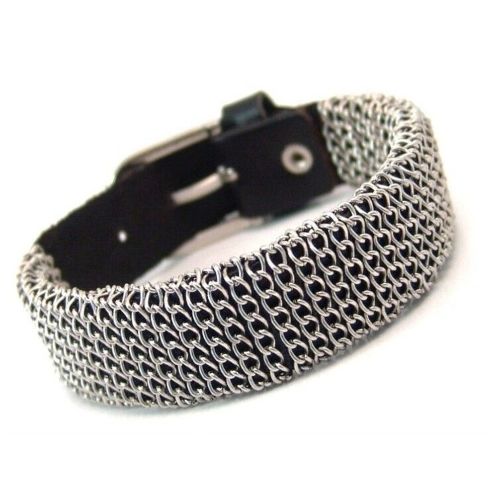 Chain Wrapped Leather Buckle Bracelet Adjustable Surgical Steel
